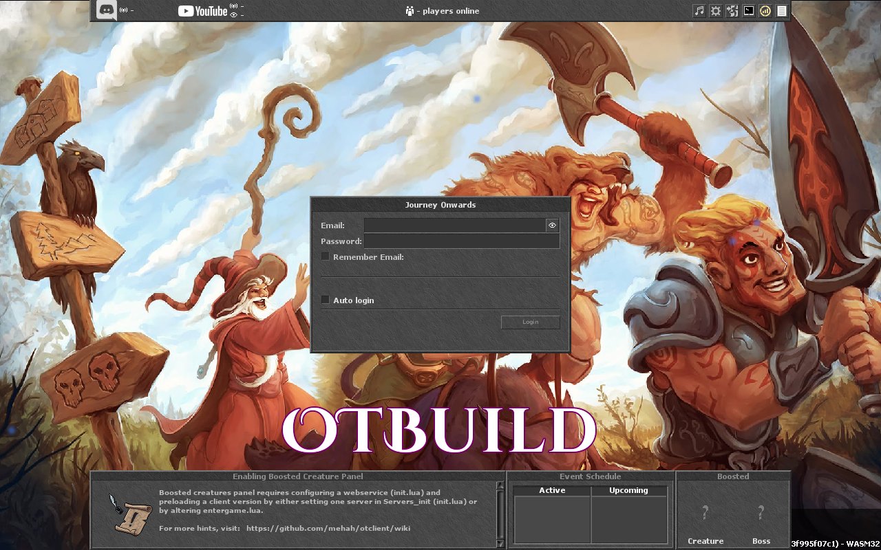 Tela de entrada do OTBuild com a arte do jogo e o formulário de login